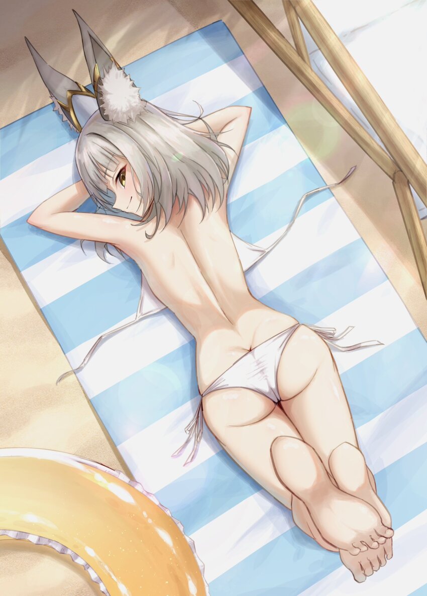 1girl, ass, barefoot, bikini, butt_crack, highres, lying, nia_(blade)_(xenoblade), nia_(xenoblade), okazu2010015, on_back, solo, swimsuit, xenoblade_chronicles_(series), xenoblade_chronicles_2