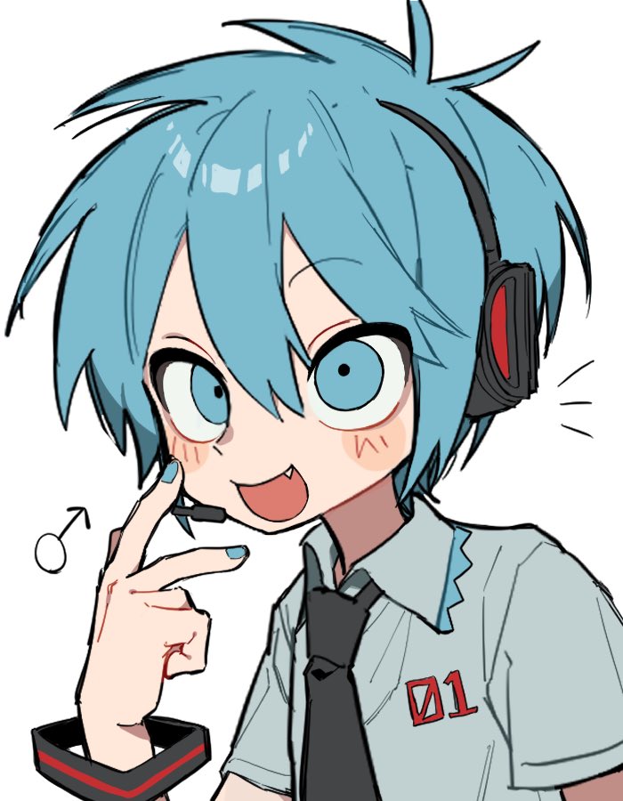 1boy, aqua_eyes, aqua_hair, aqua_nails, black_necktie, blush, fang, genderswap