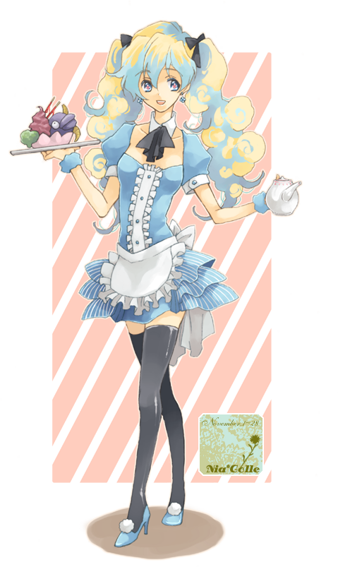 00s, 1girl, apron, bad_id, bad_pixiv_id, blue_dress, blue_skirt, bow