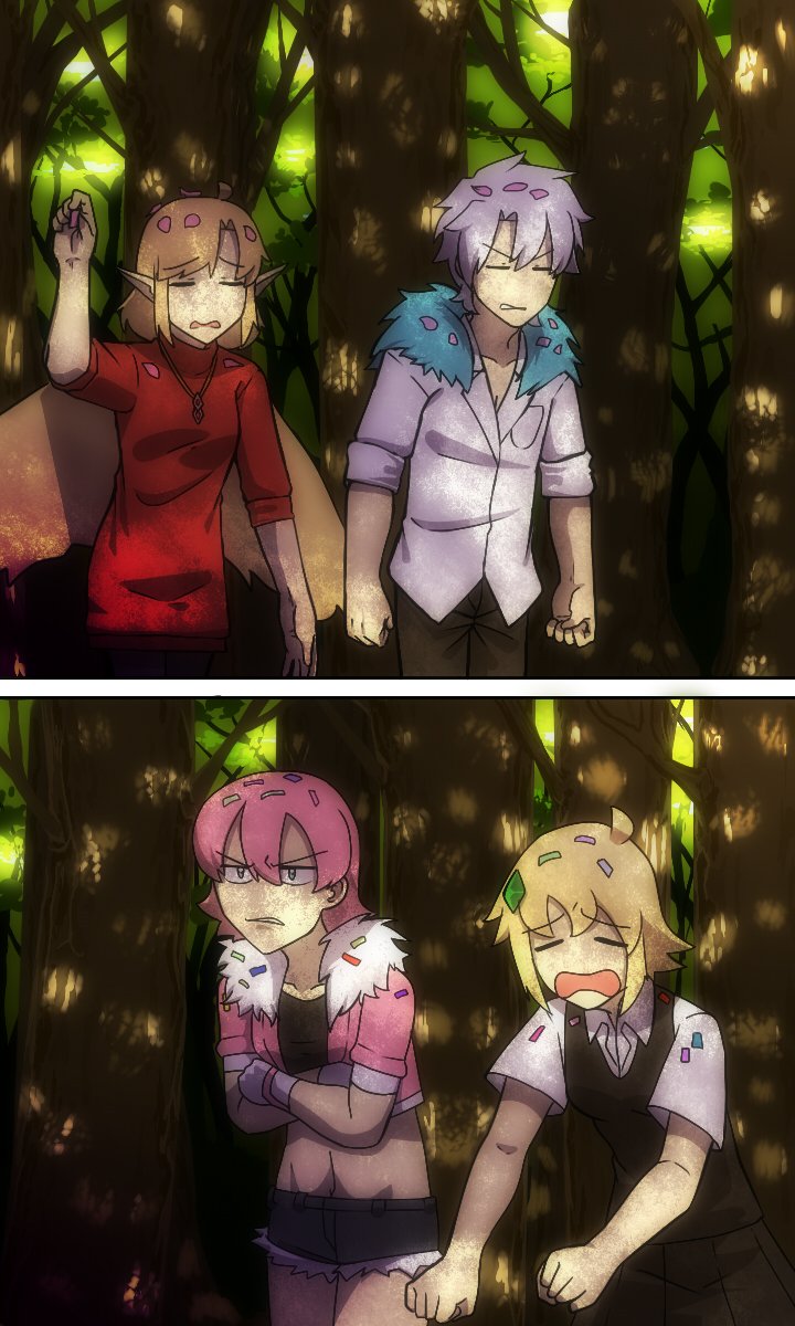 1boy, 3girls, angry, black_shirt, blonde_hair, breasts, brother_and_sister, chaldea_logo