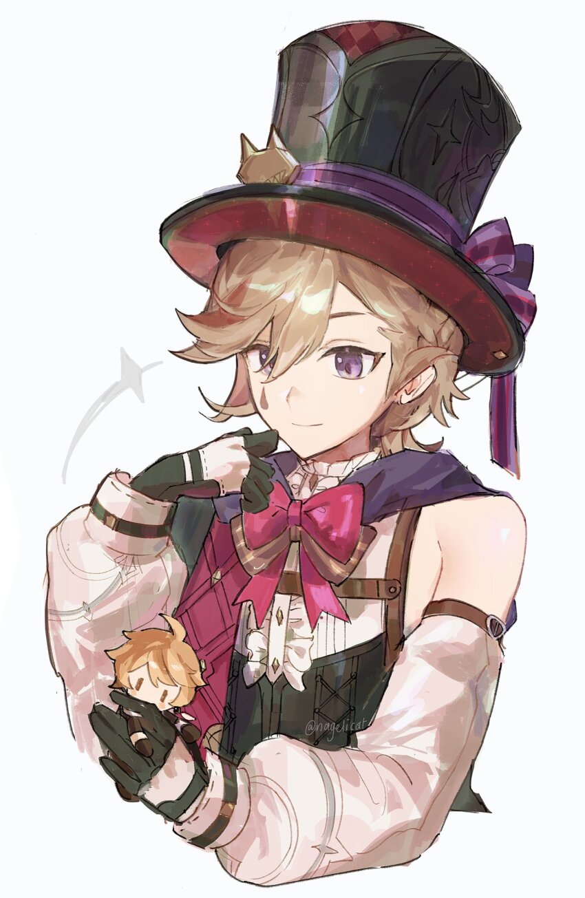 1boy, aether_(genshin_impact), artist_name, black_gloves, black_hat, bow, bowtie, brown_bow, brown_bowtie, buttons, cape, cat_hat_ornament, character_doll, closed_mouth, commentary, detached_sleeves, diamond_button, doll, english_commentary, facial_mark, frills, genshin_impact, gloves, hair_between_eyes, hands_up, hat, hat_ribbon, highres, holding, holding_doll, light_brown_hair, long_sleeves, looking_down, lyney_(genshin_impact), male_focus, nagelicat, pink_bow, pink_bowtie, puffy_detached_sleeves, puffy_long_sleeves, puffy_sleeves, purple_cape, purple_eyes, purple_ribbon, ribbon, shirt, short_hair, simple_background, single_bare_shoulder, sleeveless, sleeveless_shirt, smile, solo, striped_bow, striped_bowtie, striped_clothes, teardrop_facial_mark, top_hat, two-tone_gloves, upper_body, white_background, white_gloves, white_shirt