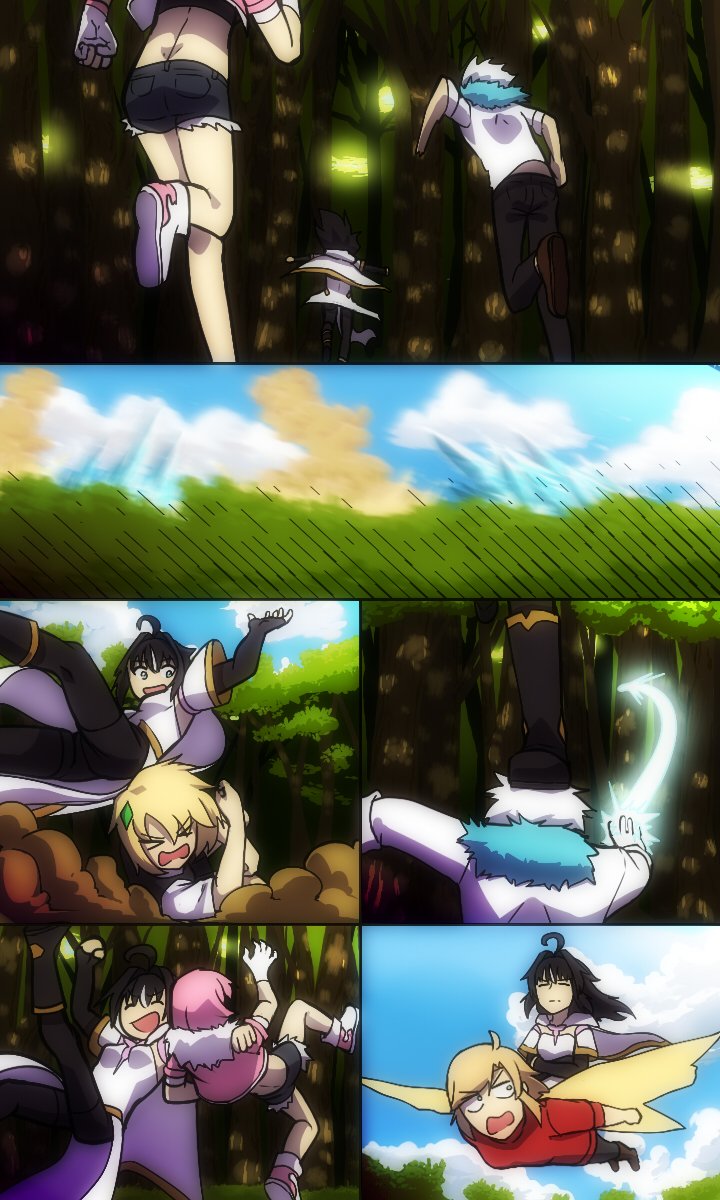 1boy, 4girls, ahoge, black_footwear, black_hair, black_shirt, blonde_hair, blue_eyes