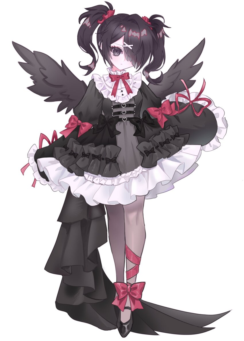 1girl, absurdres, ame-chan_(needy_girl_overdose), black_dress, black_eyes, black_hair, black_wings, bow