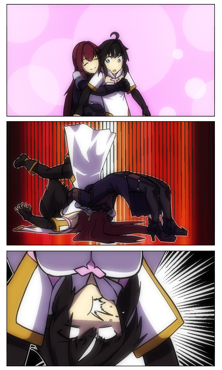 2girls, black_footwear, black_hair, blue_eyes, breasts, closed_eyes, fate/grand_order, fate_(series)