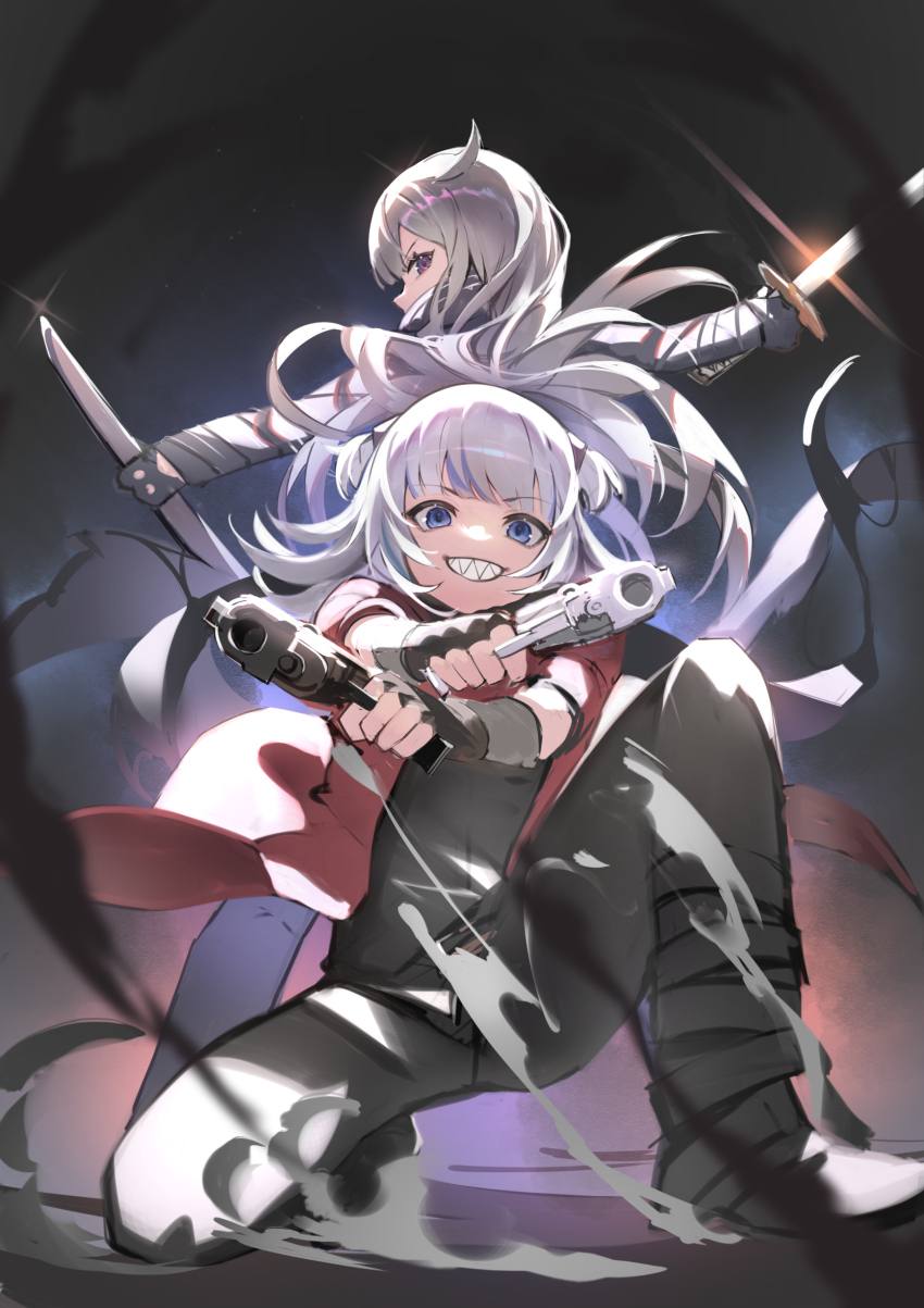 2girls, absurdres, black_footwear, blue_eyes, blue_hair, blue_jacket, cosplay, dante_(devil_may_cry)