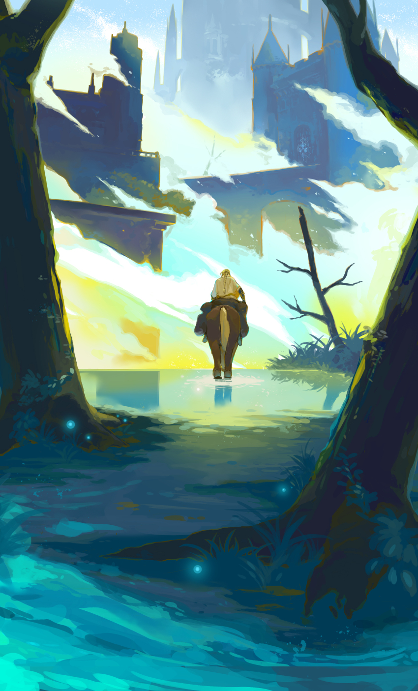 1other, absurdres, bare_tree, blonde_hair, braid, braided_ponytail, choa_(narko11897), day