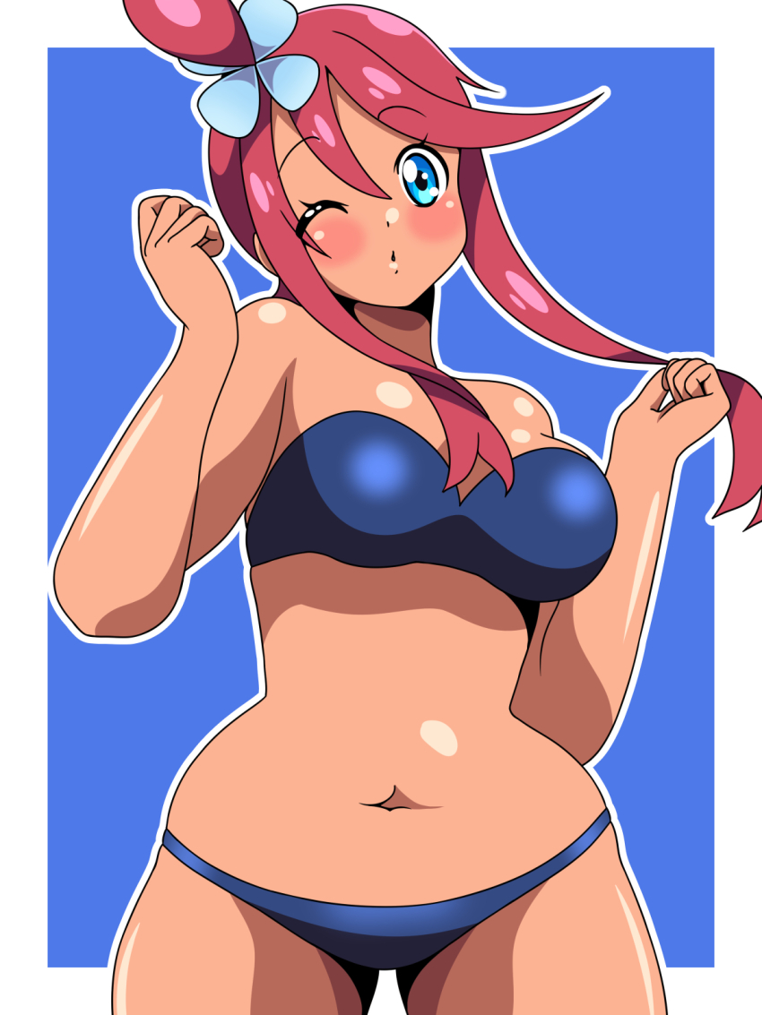 1girl, bare_shoulders, bikini, blue_eyes, blush, breasts, dark-skinned_female, dark_skin