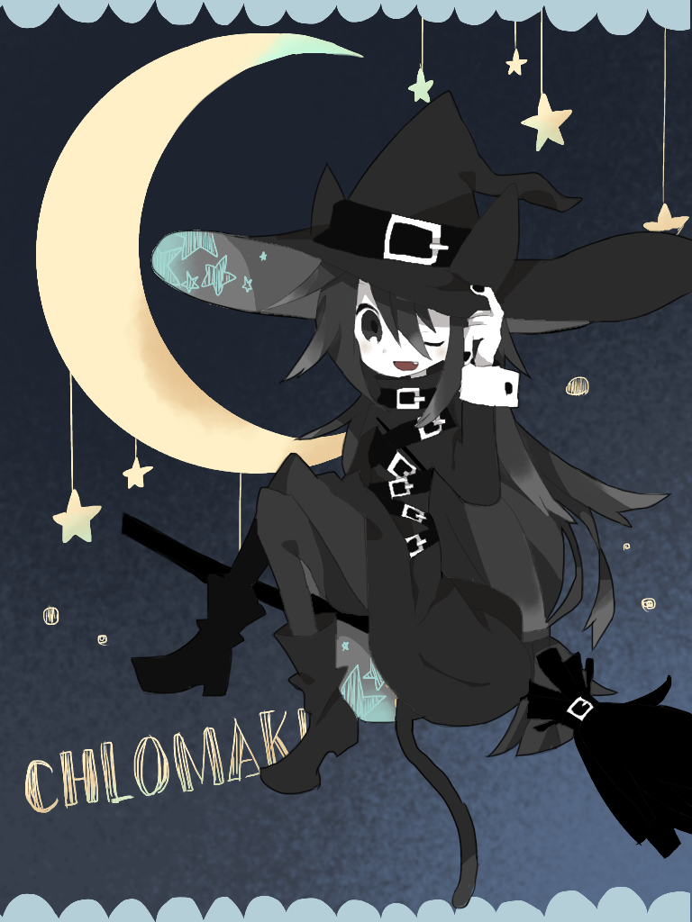 aida_(aidia), black_dress, black_footwear, black_hair, black_hat, broom, broom_riding, cat_tail, chest_belt, chlomaki_(funamusea), crescent_moon, dress, fang, funamusea, gown, hat, hat_belt, hat_tip, hat_with_ears, long_hair, long_sleeves, messy_hair, moon, night, one_eye_closed, oounabara_to_wadanohara, sky, star_(symbol), tail, witch, witch_hat