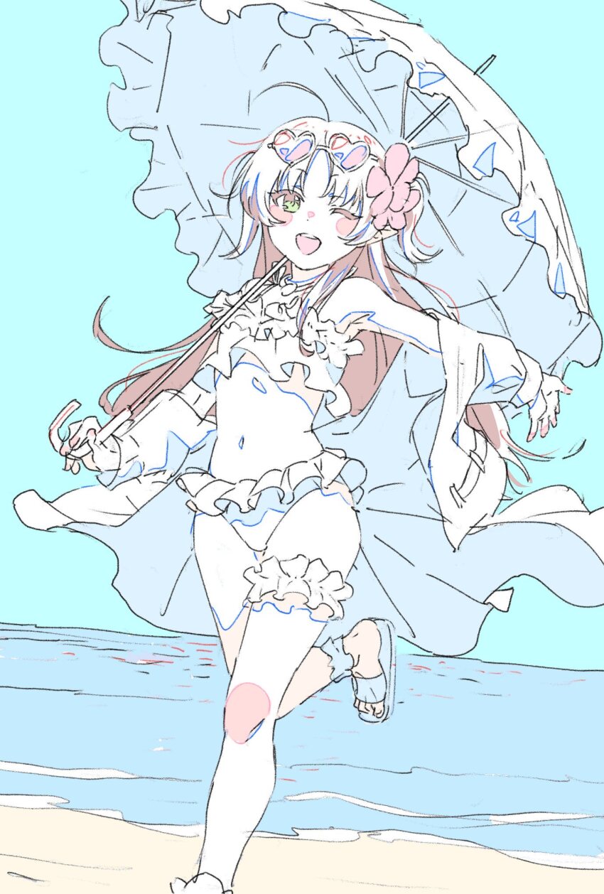 1girl, arknights, beach, bikini, blue_sky, blush, color_trace, flower, foot_out_of_frame, frilled_bikini, frills, hair_flower, hair_ornament, heart, heart-shaped_eyewear, highres, holding, holding_umbrella, imastupiddocter, leg_up, long_hair, looking_at_viewer, myrtle_(arknights), myrtle_(summer_flowers)_(arknights), ocean, one_eye_closed, open_mouth, outdoors, parasol, pointy_ears, sandals, sky, smile, swimsuit, swimsuit_cover-up, thigh_strap, umbrella
