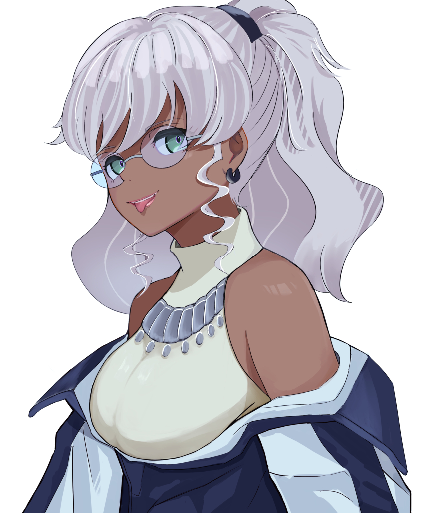 1girl, absurdres, breasts, dark-skinned_female, dark_skin, dress, earrings, glasses