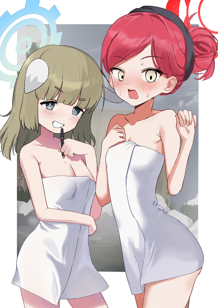 2girls, absurdres, apron, ass, blue_archive, blue_halo, blush, breasts, brown_hair, cleavage, collarbone, cowboy_shot, grey_eyes, halo, highres, long_hair, medium_breasts, mochini, multiple_girls, open_mouth, red_hair, red_halo, short_hair, small_breasts, takane_(blue_archive), white_apron, yakumo_(blue_archive), yellow_eyes
