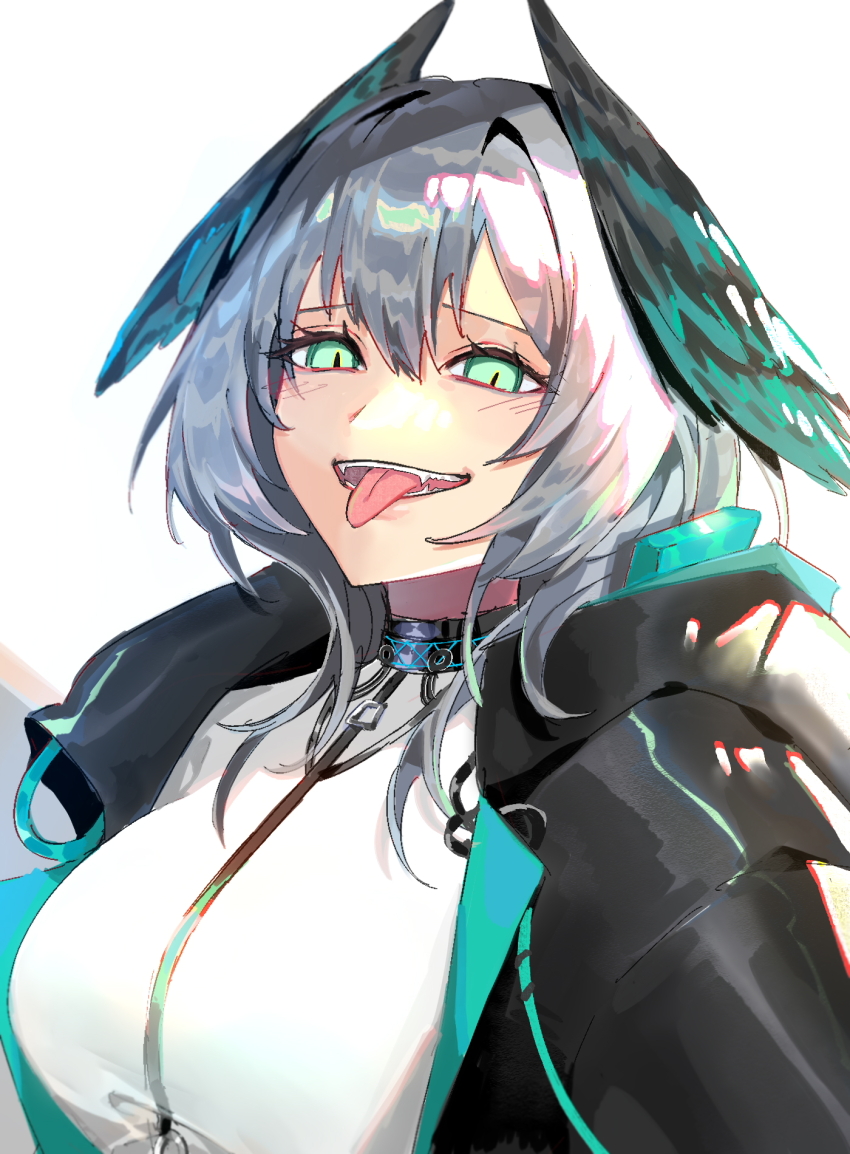 1girl, :d, aqua_eyes, arknights, black_coat, coat, commentary, dress