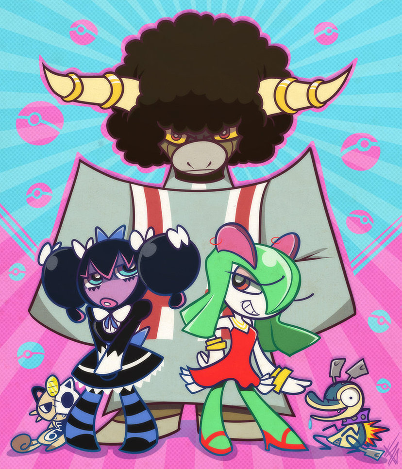 2girls, :o, afro, blue_eyes, bouffalant, bow, bracelet, chuck_(psg)