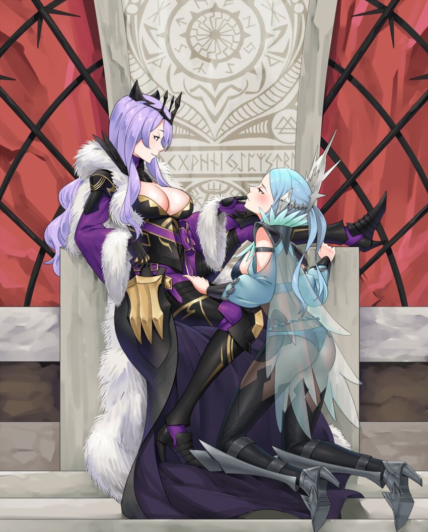 2girls, aqua_panties, armor, armored_dress, ass, blue_hair, bodystocking, breasts, camilla_(fire_emblem), camilla_(light_of_nohr)_(fire_emblem), cape, cleavage, crown, dress, fire_emblem, fire_emblem_fates, fire_emblem_heroes, flora_(fire_emblem), fur_cape, fur_trim, grabbing_another's_chin, hand_on_another's_chin, high_heels, highres, large_breasts, multiple_girls, nintendo, official_alternate_costume, on_throne, panties, purple_hair, redkite333, see-through_clothes, sitting, smile, sorcerer_(fire_emblem_fates), thong, throne, underwear, yuri