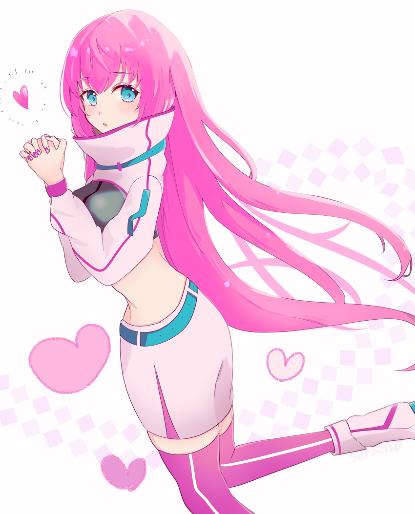 1girl, absurdres, blue_eyes, blush, crop_top, heart, high_collar, highres