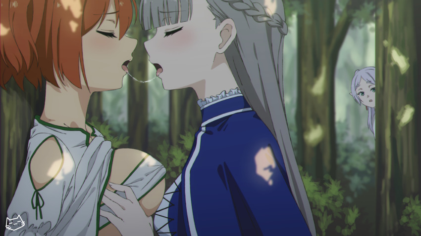 3girls, after_kiss, artist_logo, blue_capelet, blue_dress, blush, breasts, capelet, closed_eyes, collar, dappled_sunlight, dress, elf, french_kiss, frieren, frilled_capelet, frilled_collar, frills, green_eyes, grey_hair, kanne_(sousou_no_frieren), keihh, kiss, lawine_(sousou_no_frieren), logo, long_hair, medium_breasts, multiple_girls, open_mouth, orange_hair, pointy_ears, saliva, saliva_trail, short_hair, sousou_no_frieren, sunlight, tongue, tongue_out, tree, tree_shade, white_hair, yuri