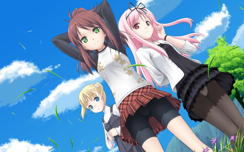 3girls, arms_behind_head, bike_shorts, blonde_hair, blue_eyes, brown_hair, cloud, crotch_seam