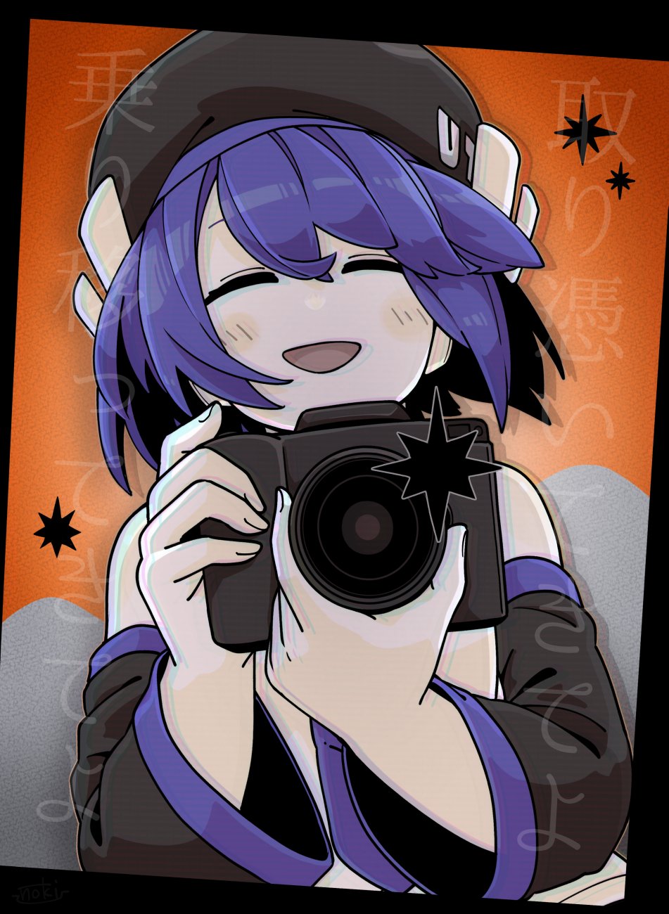 1girl, beret, black_border, black_hat, black_sleeves, blush, border, camera