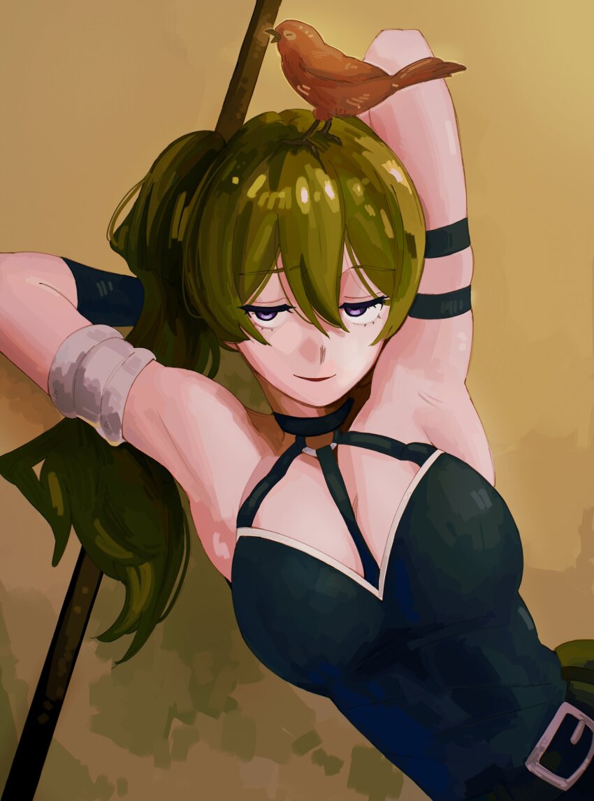 1girl, absurdres, animal, animal_on_head, armband, arms_behind_back, arms_behind_head, arms_up, bare_shoulders, bchan1582, belt, belt_buckle, bird, bird_on_head, black_dress, breasts, buckle, choker, commentary, dress, gloves, green_hair, hair_between_eyes, half-closed_eyes, highres, holding, holding_staff, long_hair, looking_at_viewer, medium_breasts, on_head, parted_lips, purple_eyes, seductive_smile, side_ponytail, single_glove, sleeveless, sleeveless_dress, smile, solo, sousou_no_frieren, staff, untranslatable_commentary, ubel_(sousou_no_frieren), upper_body