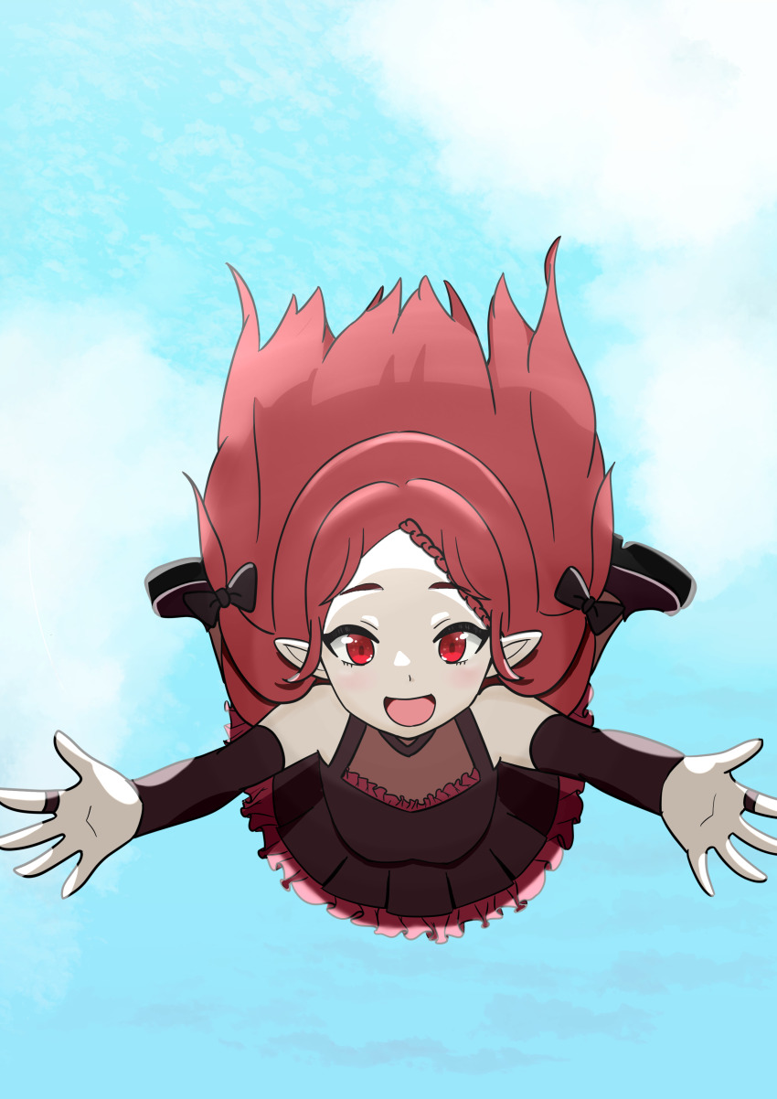 1girl, absurdres, aged_down, black_footwear, black_ribbon, blue_sky, braid, detached_sleeves