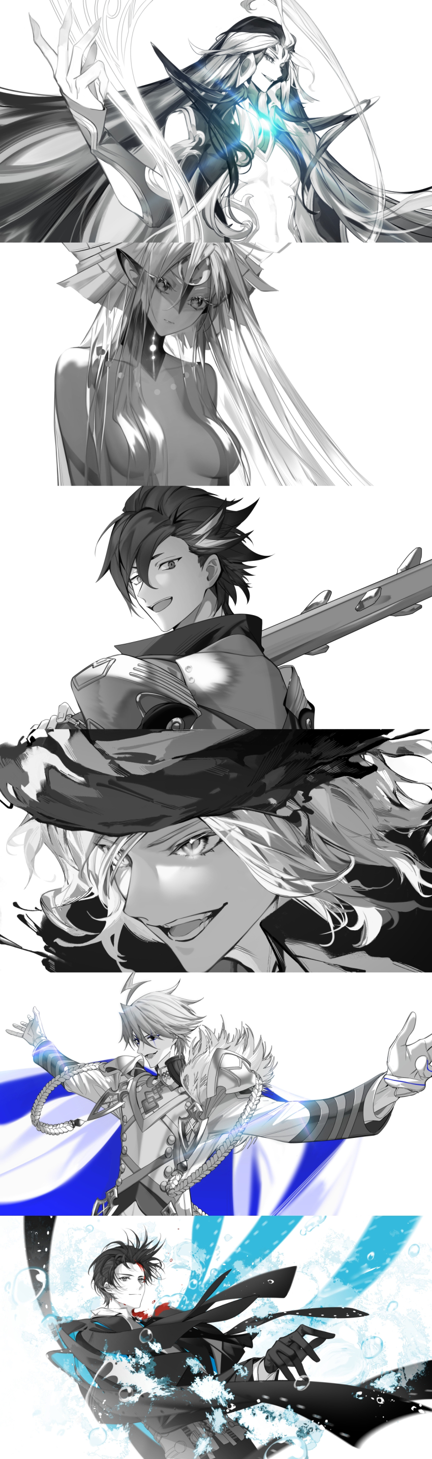 1girl, 5boys, absurdres, ahoge, arlizi, armor, blood, blood_on_face