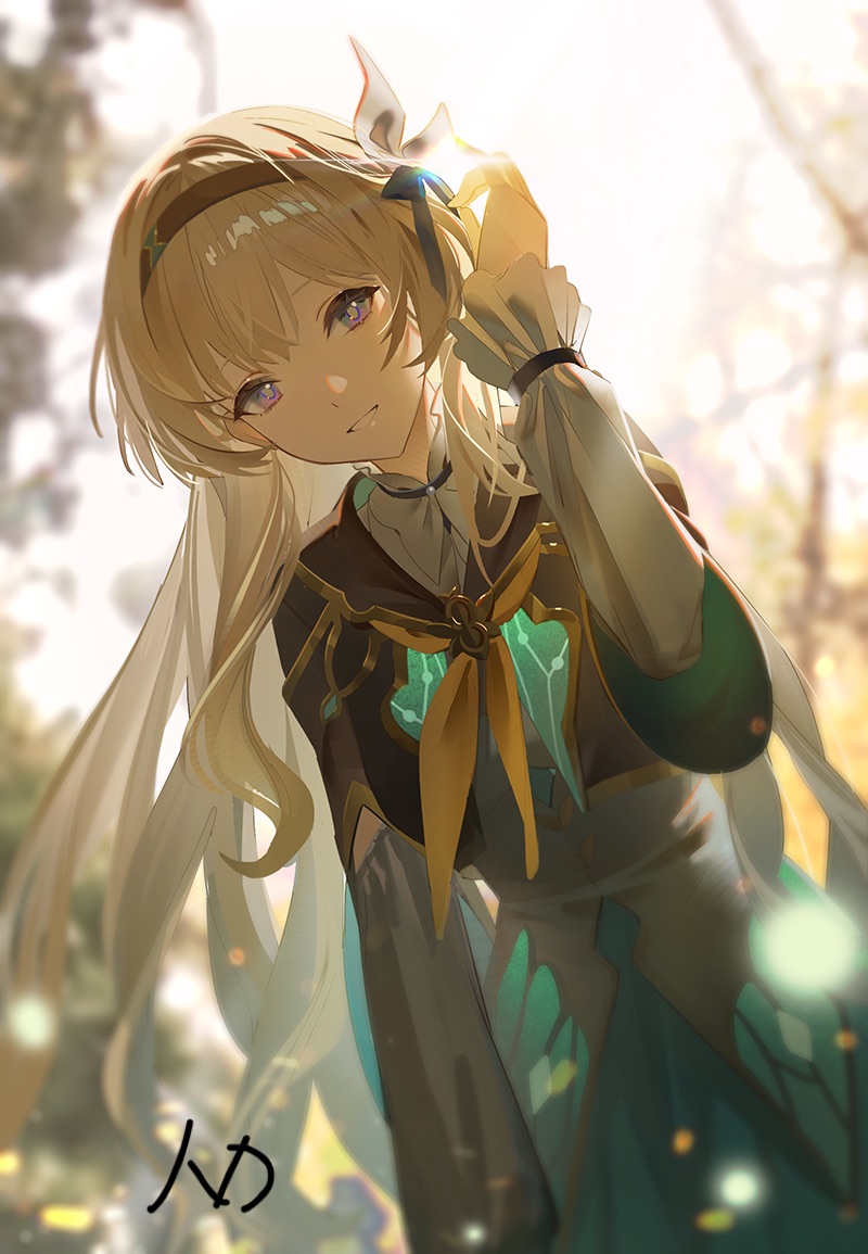 1girl, arm_up, artist_name, backlighting, black_hairband, blonde_hair, blurry, blurry_background