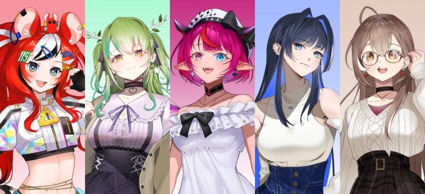 5girls, ahoge, animal_ears, antlers, bare_shoulders, beret, black_bow, black_choker, black_gloves, black_hair, black_skirt, blue_eyes, blue_hair, bow, breasts, brown_hair, ceres_fauna, ceres_fauna_(jirai_kei), choker, closed_mouth, colored_inner_hair, column_lineup, crop_top, cropped_jacket, dress, ear_piercing, earrings, food-themed_earrings, frills, glasses, gloves, green_hair, grey_shirt, grey_sweater, hair_between_eyes, hair_intakes, hair_ornament, hairclip, hakos_baelz, hakos_baelz_(casual), hat, heart, heterochromia, hololive, hololive_english, holopromise, horns, irys_(casualrys)_(hololive), irys_(hololive), jacket, jewelry, lace, lace_choker, large_breasts, looking_at_viewer, medium_breasts, mouse_ears, mouse_girl, mr._squeaks_(hakos_baelz), multicolored_hair, multiple_girls, nanashi_mumei, nanashi_mumei_(casual), navel, neck_ribbon, necklace, ogye_01, open_mouth, ouro_kronii, ouro_kronii_(casual), piercing, plaid_clothes, plaid_skirt, pointy_ears, purple_ribbon, purple_shirt, red_eyes, red_hair, ribbon, sharp_teeth, shirt, skirt, sleeveless, sleeveless_shirt, smile, streaked_hair, sweater, teeth, triangle_hair_ornament, twintails, virtual_youtuber, white_dress, white_hair, white_headwear, white_jacket, yellow_eyes