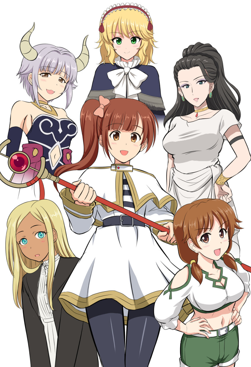 6+girls, ancient_greek_clothes, aura_(sousou_no_frieren), aura_(sousou_no_frieren)_(cosplay), bare_shoulders, belt, black_belt, black_eyes