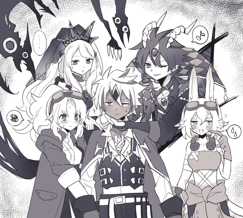 2boys, 3girls, ?, affectionate_harem, albaz_(yu-gi-oh!), aluber_(yu-gi-oh!), aluber_the_jester_of_despia, animal_ears