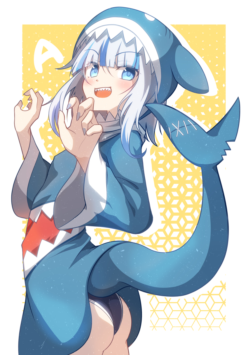 1girl, animal_hood, ass, black_panties, blue_eyes, blue_hair, blue_hood, blue_hoodie, blue_nails, blue_sleeves, blunt_bangs, border, claw_pose, colored_tips, commentary, cowboy_shot, drop_shadow, fins, fish_tail, gawr_gura, gawr_gura_(1st_costume), highres, hololive, hololive_english, hood, hoodie, light_blush, long_sleeves, looking_at_viewer, multicolored_hair, nail_polish, open_mouth, outside_border, oversized_clothes, panties, pantyshot, shark_hood, shark_tail, sharp_teeth, shiroino_(shirayuki_mutsuki), simple_background, smile, solo, stitched_tail, streaked_hair, tail, teeth, underwear, upper_body, virtual_youtuber, wedgie, white_border, white_hair, yellow_background