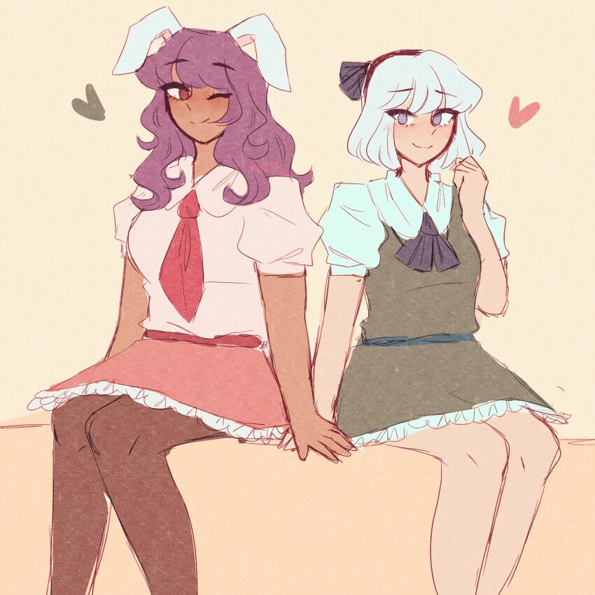 2girls, ;), alternate_hair_length, alternate_hairstyle, alternate_skin_color, animal_ears, black_hairband, black_thighhighs, closed_mouth, commentary, dark-skinned_female, dark_skin, english_commentary, green_eyes, green_skirt, hairband, heart, highres, konpaku_youmu, looking_at_viewer, medium_hair, multiple_girls, necktie, one_eye_closed, pink_skirt, purple_hair, rabbit_ears, rabbit_girl, red_necktie, reibyous, reisen_udongein_inaba, shirt, simple_background, sitting, skirt, smile, thighhighs, touhou, white_shirt, yellow_background, yuri
