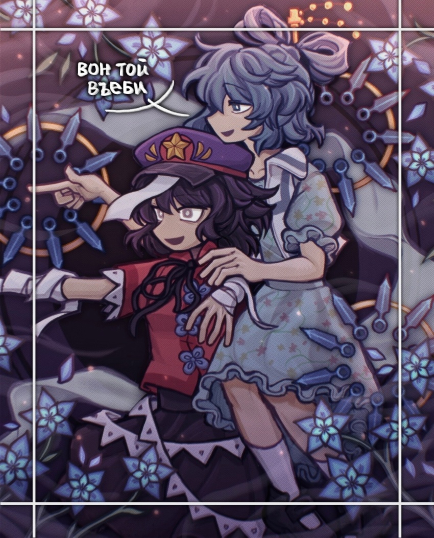 2girls, bandaged_arm, bandages, black_ribbon, blue_dress, blue_eyes, blue_flower, blue_hair