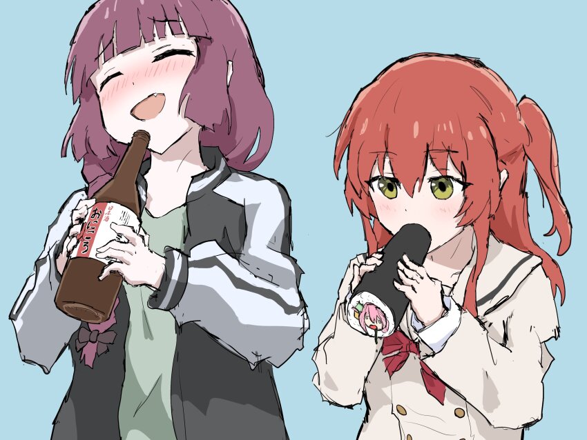 3girls, black_bow, black_jacket, blue_background, blunt_bangs, blush, bocchi_the_rock!, bottle