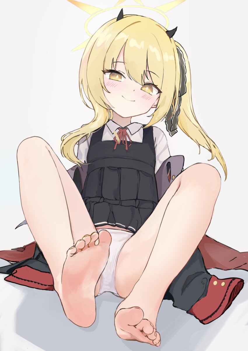 1girl, absurdres, barefoot, black_dress, black_horns, black_tail, black_wings, blonde_hair, blue_archive, blush, closed_mouth, demon_horns, demon_tail, demon_wings, dot_nose, dress, female_focus, full_body, gokineko_(roachcat), halo, highres, horns, ibuki_(blue_archive), loli, long_hair, looking_at_viewer, simple_background, smile, soles, solo, tail, toes, wings, yellow_eyes, yellow_halo