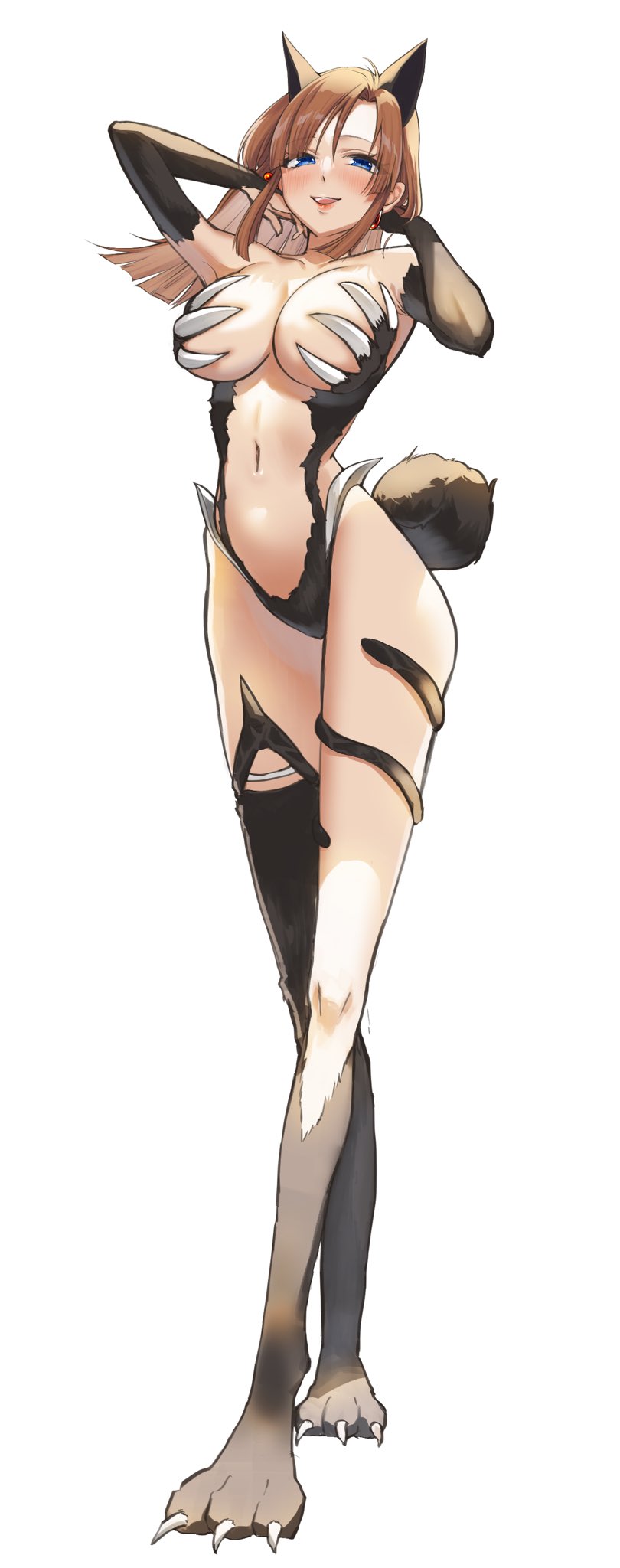 1girl, animal_ears, animal_feet, blue_eyes, blush, body_fur, breasts, brown_hair