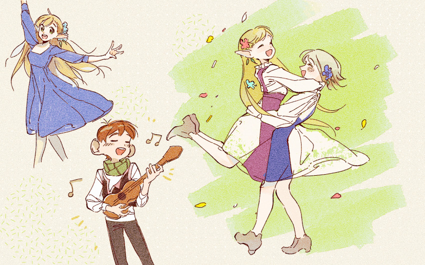 1boy, 1girl, 2girls, acoustic_guitar, arm_up, black_pants, blonde_hair, blue_dress