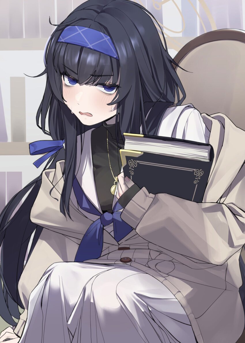 1girl, absurdres, bags_under_eyes, black_hair, blue_archive, blue_eyes, blue_hairband, blush