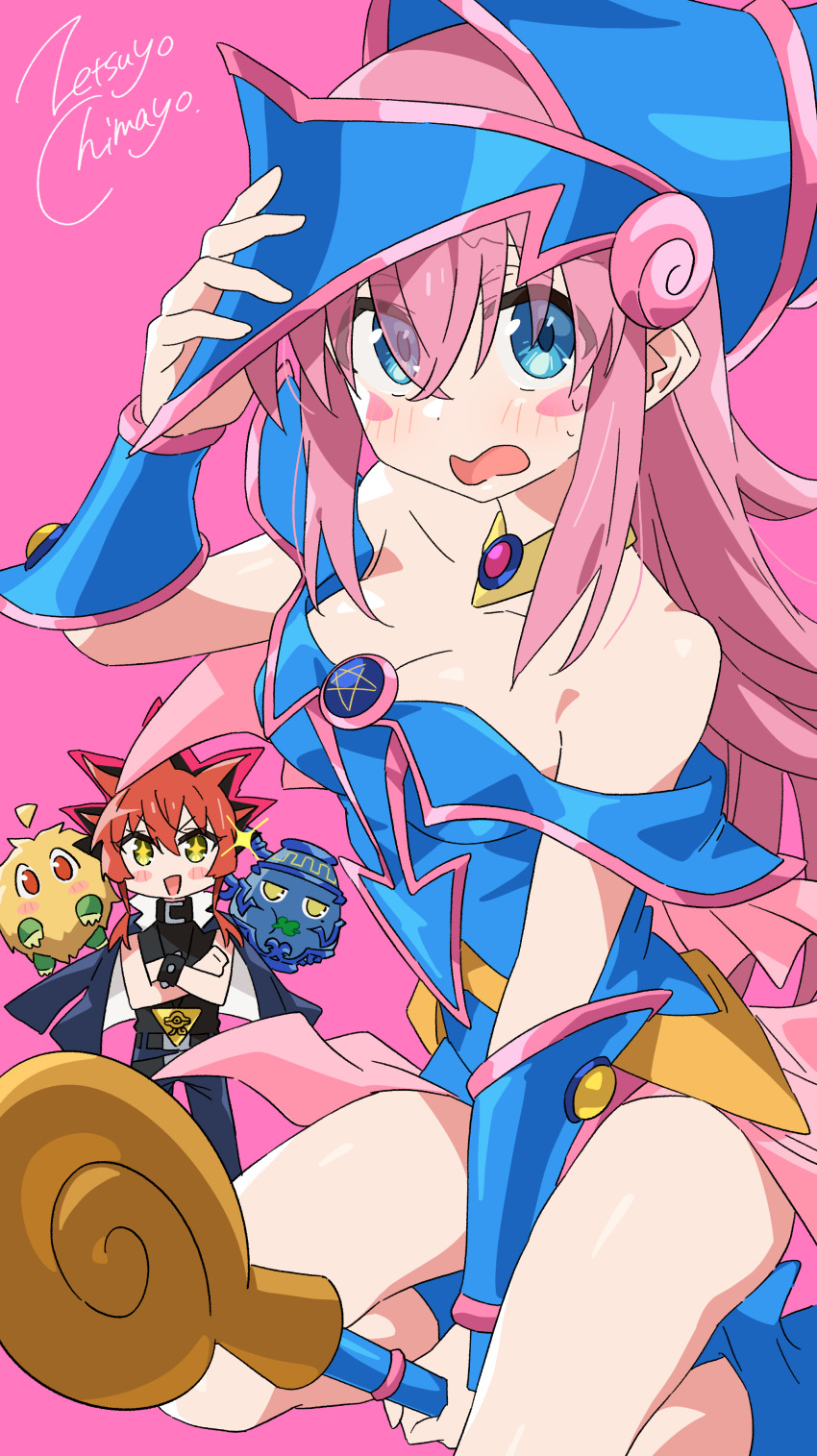 +_+, 4girls, absurdres, aqua_eyes, bare_shoulders, blue_footwear, blue_headwear, blush_stickers, bocchi_the_rock!, bracelet, bracer, breasts, cosplay, dark_magician_girl, dark_magician_girl_(cosplay), dress, gem, gotoh_hitori, hair_between_eyes, hat, hexagram, highres, holding, holding_staff, holding_wand, ijichi_nijika, jewelry, kita_ikuyo, kuriboh, large_breasts, long_hair, looking_at_viewer, multiple_girls, open_mouth, pentacle, pentagram, pink_background, pink_gem, pink_hair, pot_of_greed, red_hair, staff, two-tone_dress, wand, wizard_hat, yamada_ryo, yami_yugi, yami_yugi_(cosplay), yu-gi-oh!, yu-gi-oh!_duel_monsters, zetsuyo_chimayo