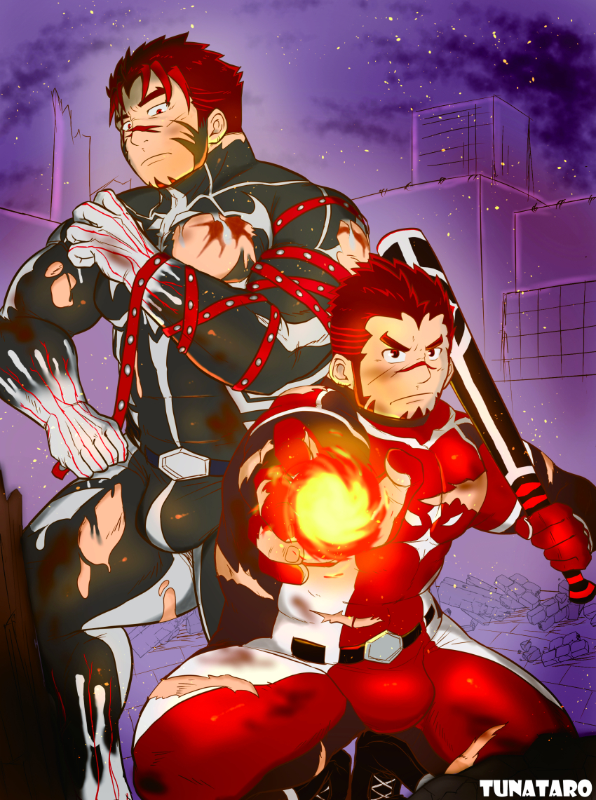 2boys, absurdres, akashi_(alter)_(live_a_hero), akashi_(live_a_hero), bara, baseball, baseball_bat, black_bodysuit