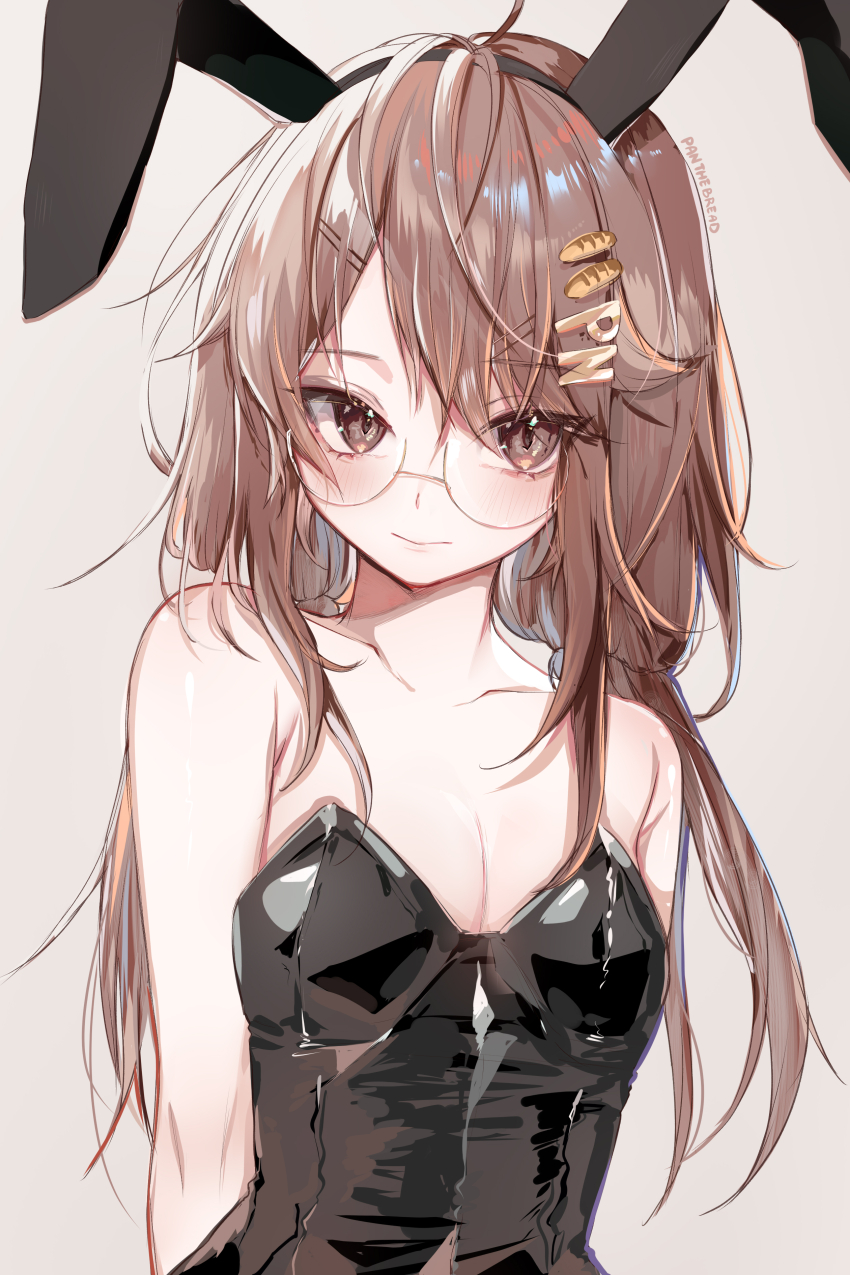 1girl, absurdres, animal_ears, artist_name, bare_shoulders, black_leotard, bread_hair_ornament, breasts