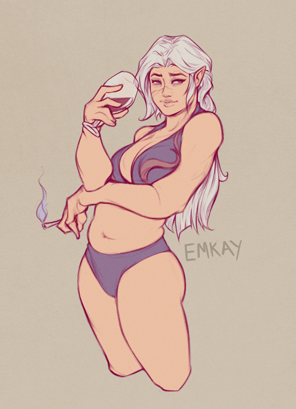 1girl, alcohol, artist_name, baldur's_gate, baldur's_gate_3, bra, brown_background, cigarette