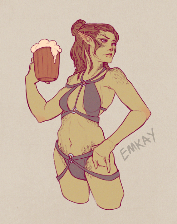 1girl, alcohol, artist_name, baldur's_gate, baldur's_gate_3, bare_arms, bare_shoulders, beer, beer_mug, black_bra, black_panties, bra, breasts, brown_hair, closed_mouth, colored_skin, cropped_legs, cup, emkay_does_art, gith_(dungeons_&amp;_dragons), green_skin, hair_bun, hand_up, holding, holding_cup, lae'zel, long_hair, looking_to_the_side, medium_breasts, mug, o-ring, panties, single_hair_bun, solo, underwear