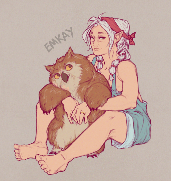 1girl, alternate_costume, alternate_hairstyle, baldur's_gate, baldur's_gate_3, bare_shoulders, barefoot, brown_background