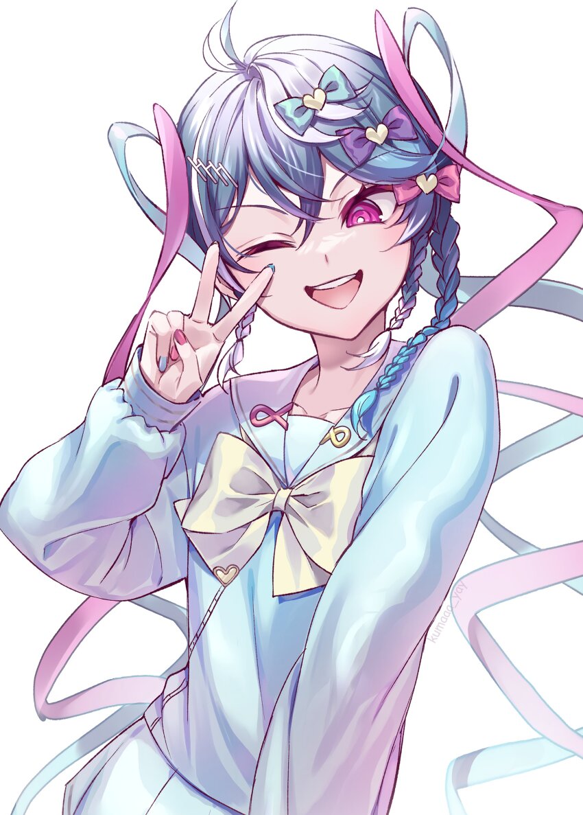 1boy, absurdres, blue_bow, blue_hair, bow, chouzetsusaikawa_tenshi-chan, chouzetsusaikawa_tenshi-chan_(cosplay), cosplay, crossdressing, crossdressing_(mtf), hair_bow, hair_ornament, heart, highres, iridescent_clothes, holostars, holostars_english, kumaaa_yay, long_sleeves, multicolored_hair, multicolored_nails, needy_girl_overdose, octavio, one_eye_closed, open_mouth, pink_bow, pink_eyes, pink_hair, purple_bow, quad_tails, school_uniform, serafuku, smile, solo, teeth, tri_braids, twitter_username, upper_teeth_only, v, virtual_youtuber