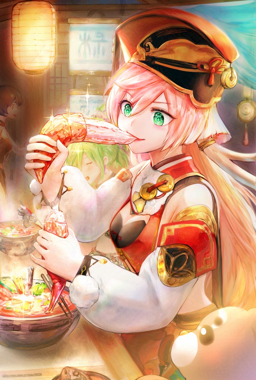 3girls, absurdres, bare_shoulders, bowl, breasts, cleavage, commentary_request, detached_sleeves, female_focus, food, genshin_impact, green_eyes, green_hair, guoba_(genshin_impact), highres, holding, holding_food, kuki_shinobu, long_hair, long_sleeves, medium_breasts, multiple_girls, oyama_sou, pink_hair, red_headwear, smile, upper_body, very_long_hair, xiangling_(genshin_impact), yanfei_(genshin_impact)