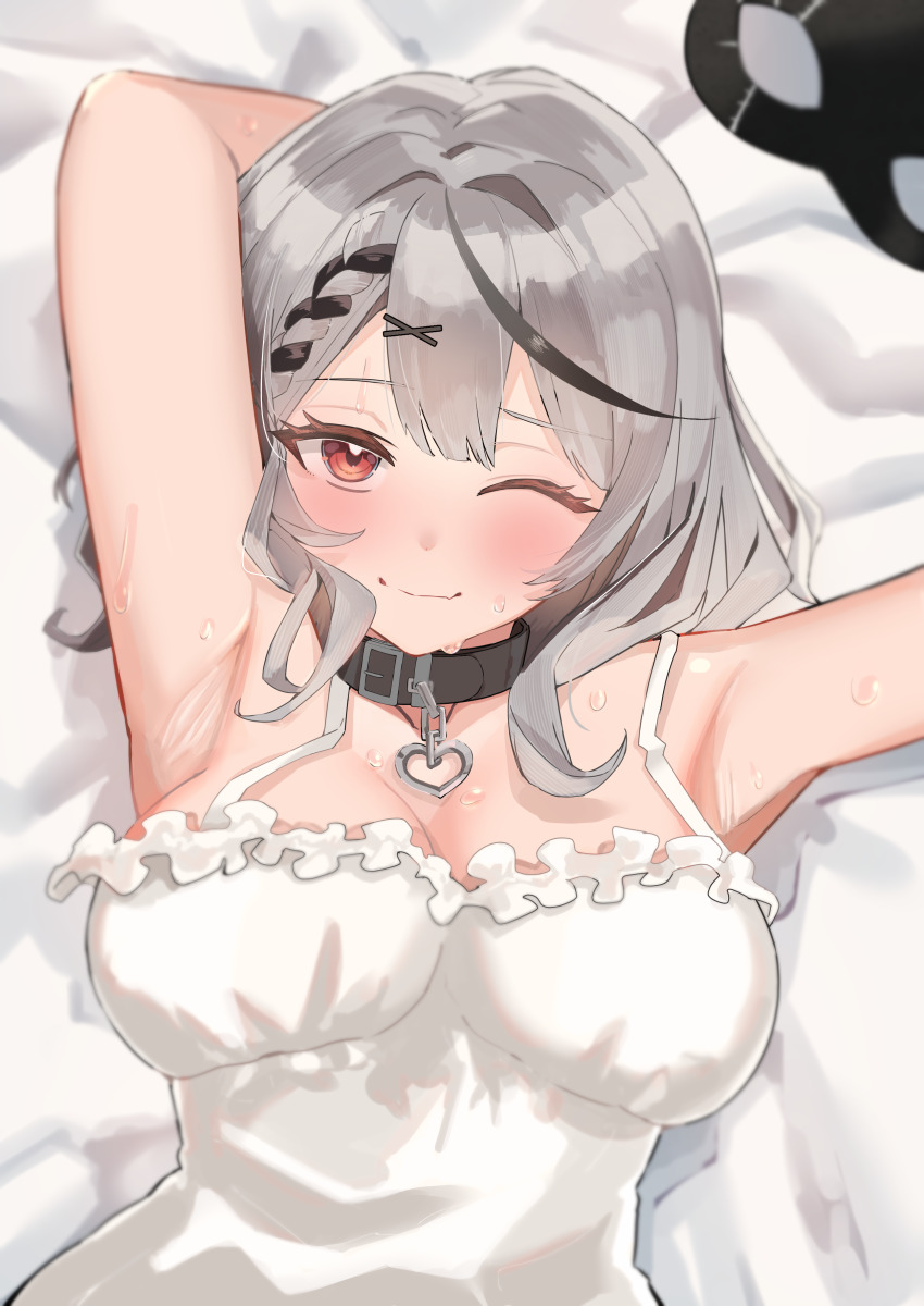 1girl, absurdres, armpits, bed_sheet, belt, belt_collar, black_belt, black_choker