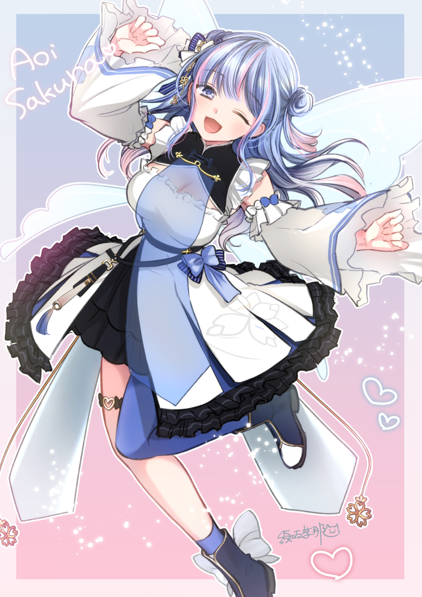 1girl, ;d, aoi_sakura_(japanese_vtuber), black_collar, black_skirt, blue_boots, blue_bow, blue_sash