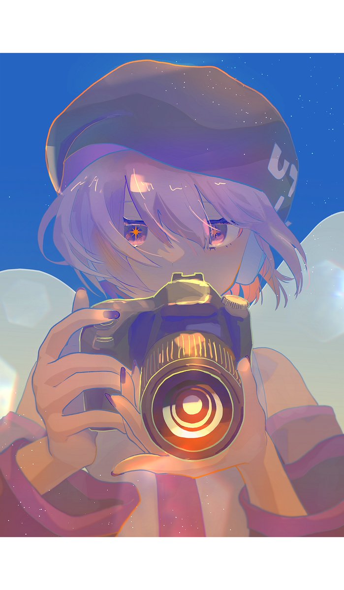 1girl, beret, biyobiyoyan, black_hat, black_sleeves, camera, copyright_name, covered_mouth, detached_sleeves, expressionless, floating_hair, hands_up, hat, holding, holding_camera, letterboxed, light_particles, looking_at_viewer, necktie, orange_pupils, purple_eyes, purple_hair, purple_nails, purple_necktie, shirt, short_hair, sleeveless, sleeveless_shirt, solo, star-shaped_pupils, star_(symbol), symbol-shaped_pupils, upper_body, urami_koushin_(utau), utane_uta, utau, white_shirt