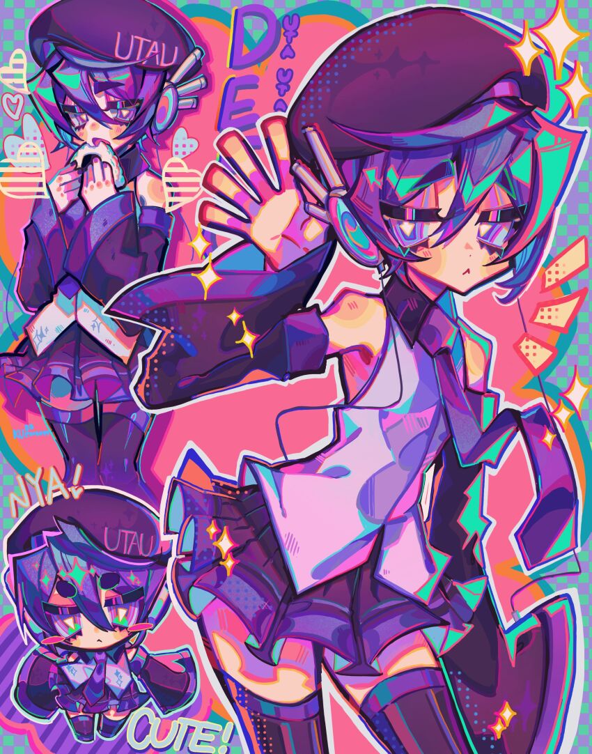 1girl, :<, absurdres, bare_shoulders, beret, black_skirt, black_sleeves, black_thighhighs