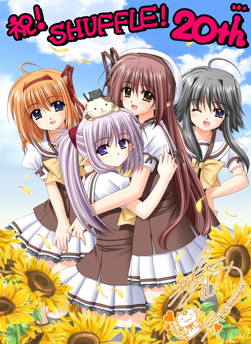 animal, animal_on_head, anna_miller, blue_eyes, blue_sky, bow, brown_eyes, brown_hair, brown_shirt, cat, cat_on_head, cloud, commentary_request, day, flower, fuyou_kaede, grey_hair, hair_ribbon, hat, lisianthus, long_hair, mayumi_thyme, national_verbena_academy_school_uniform, nishimata_aoi, official_art, on_head, one_eye_closed, orange_hair, outdoors, pointy_ears, primula, puffy_short_sleeves, puffy_sleeves, ribbon, sailor_hat, school_uniform, shirt, short_hair_with_long_locks, short_sleeves, shuffle!, sidelocks, signature, skirt, sky, sunflower, waitress, white_headwear, white_skirt, yellow_bow